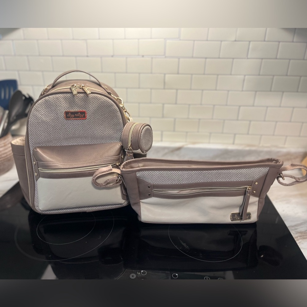 Itzy Ritzy Mini Diaper Bag, Stroller Caddy, & Charm Pod in Vanilla Latte